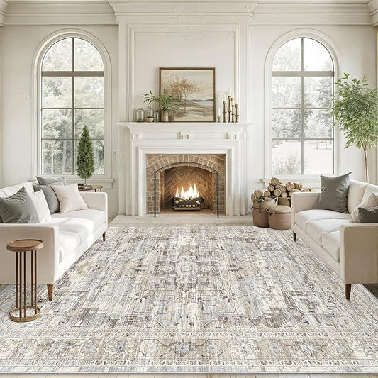 10x14 Living Room Rug - Large Washable Non Slip Vintage Rugs Low Pile Stain Resistant Distressed Carpet for Bedroom Dining Room Home Office 10'x14' Beige/Brown