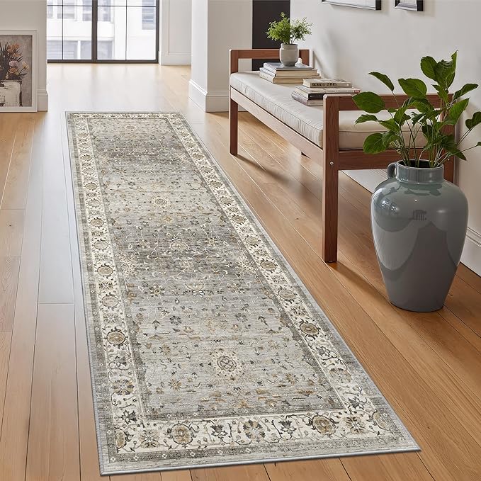 2.6x8 Washable Hallway Runner Rug - Kitchen Rugs with Non Slip Backing Vintage Soft Farmhouse Entryway Mat for Living Room Laundry Bedroom Bathroom Ivory/Grey