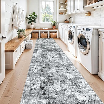 3x12 ft Long Hallway Runner Rug - Non-Slip Washable Kitchen Rug with Rubber Backing,Modern Abstract Neutral Thin Low Pile Floor Carpet Runner for Entryway,Bedroom,Living Room（Grey）