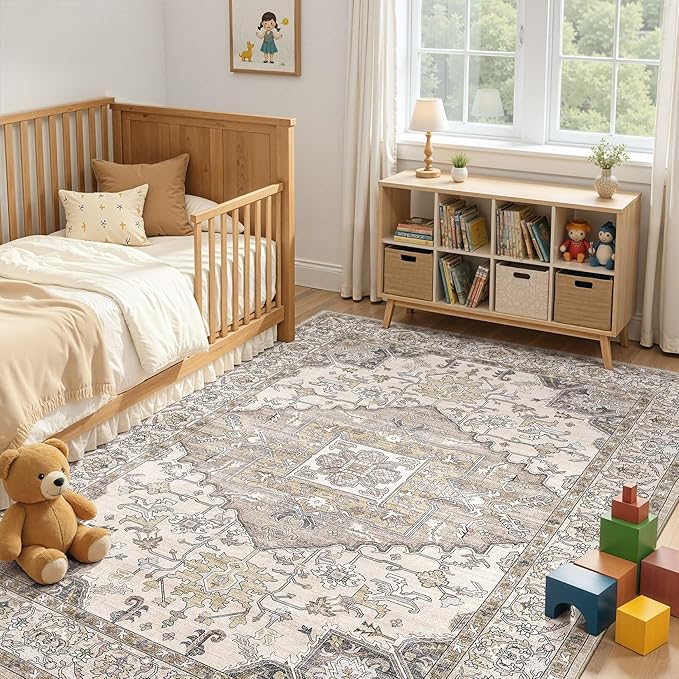 6x9 Washable Area Rugs for Living Room: Non Slip Vintage Brown Rug, Large Soft Stain Resistant Indoor Floor Carpets for Bedroom Dining Room Farmhouse Nursery Home Office Kid & Pet Friendly