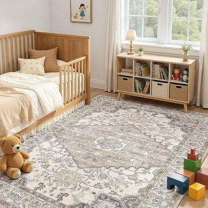 5x7 Washable Area Rugs for Living Room: Non Slip Vintage Brown Rug, Large Soft Stain Resistant Indoor Floor Carpets for Bedroom Dining Room Farmhouse Nursery Home Office Kid & Pet Friendly