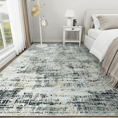 8x10 Area Rugs for Living Room Washable Rug: Anti-Skid Abstract Modern Living Room Rug Soft Thin Carpets Indoor Floor Non-Shedding Carpet for Bedroom Dining Farmhouse Nursery Black Gray Gold