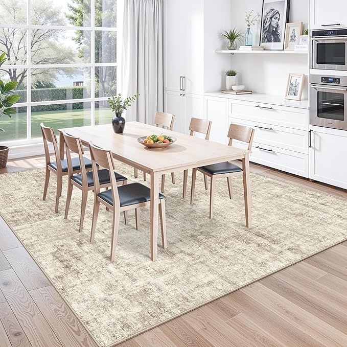 10x10 ft Square Living Room Rug – Washable Modern Abstract Area Rug for Bedroom, Dining Room, Playroom – Neutral Non-Slip Low-Pile Thin Indoor Carpet (Warm Beige)