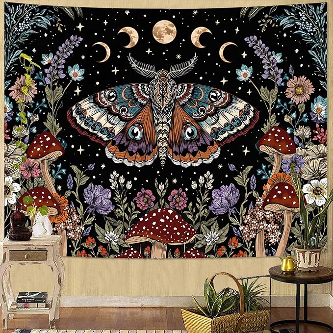Neasow Hippie Witchy Moth Tapestry, Moon Mushroom Aesthetic Floral Wall Art, Mystic Moon Phase Decor for Living Room Bedroom Home, 60x80 inches
