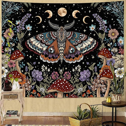 Neasow Hippie Witchy Moth Tapestry, Moon Mushroom Aesthetic Floral Wall Art, Mystic Moon Phase Decor for Living Room Bedroom Home, 44x60 inches