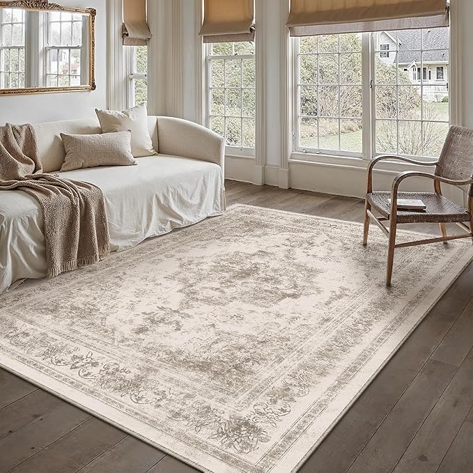 PureCozy Area Rug 6x9 Beige Washable Living Room Carpet Non Slip Vintage Medallion Indoor Bedroom Carpet Low Pile Soft Retro Distressed Large Rug Home Office Dining Room Playroom