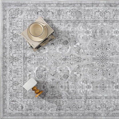 PureCozy Gray 5x7 Area Rug Washable Vintage Living Room Carpet Bedroom Indoor Non Slip Soft Low Pile Thin Stain Resistant Distressed Accent Throw Rug for Dining Office Nursery