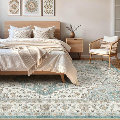 7x9 Area Rug Living Room: Washable Boho Large Neutral Vintage Soft Rug Stain Resistant Farmhouse Non-Slip Indoor Floor Carpet for Bedroom Nursery Kids Playroom Office Dining Room Home- Teal Brown