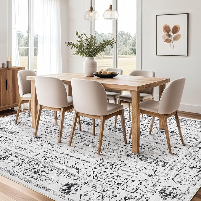 Area Rug for Living Room - 7x9 Soft Washable Oriental Vintage Floral Distressed Large Carpet - Fade Stain Resistant Non Slip Rugs for Bedroom Dining Room Nursery Dorm Office Home Decor - White Black