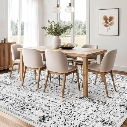 Area Rug for Living Room - 7x9 Soft Washable Oriental Vintage Floral Distressed Large Carpet - Fade Stain Resistant Non Slip Rugs for Bedroom Dining Room Nursery Dorm Office Home Decor - White Black