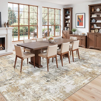 12x15 Area Rug for Living Room – Large Modern Neutral Abstract Thin Washable Carpet, Soft Low Pile Non-Slip Stain-Resistant for Bedroom Dining Room Home Office (Gold Grey)