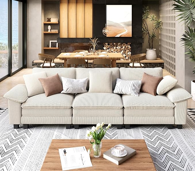 SUNSHINE VALLEY 3 Seat Modular Sofa, 123.6'' Oversized Modern Corduroy Sectional Couch with Removable Armrest and Pillow, Upholstered Cloud Deep Seat Sofa for Living Room, Beige