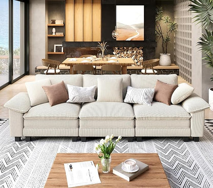 SUNSHINE VALLEY 3 Seat Modular Sofa, 123.6'' Oversized Modern Corduroy Sectional Couch with Removable Armrest and Pillow, Upholstered Cloud Deep Seat Sofa for Living Room, Beige