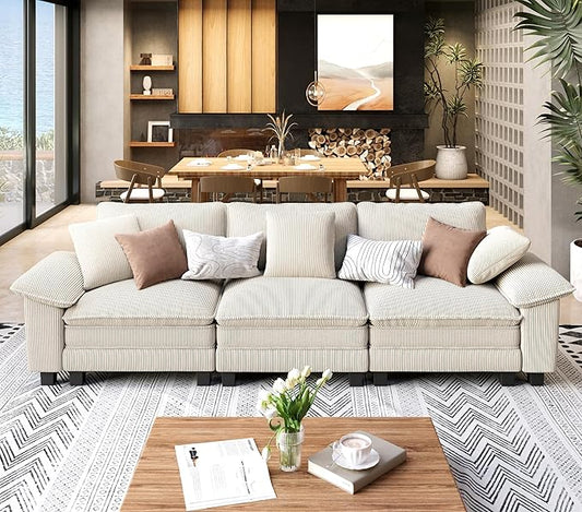 SUNSHINE VALLEY 3 Seat Modular Sofa, 123.6'' Oversized Modern Corduroy Sectional Couch with Removable Armrest and Pillow, Upholstered Cloud Deep Seat Sofa for Living Room, Beige