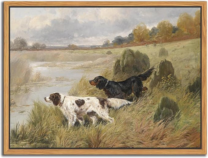 Floating Framed Vintage Hunting Dog Wall Art, Classic Countryside Landscape Canvas Print, English Setter and Gordon Setter Painting, Rustic Farmhouse Wall Decor for Living Room Study Office 8X10 inch