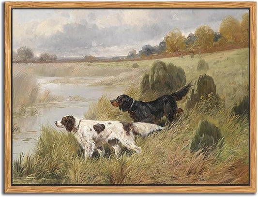 Floating Framed Vintage Hunting Dog Wall Art, Classic Countryside Landscape Canvas Print, English Setter and Gordon Setter Painting, Rustic Farmhouse Wall Decor for Living Room Study Office 16x24 inch