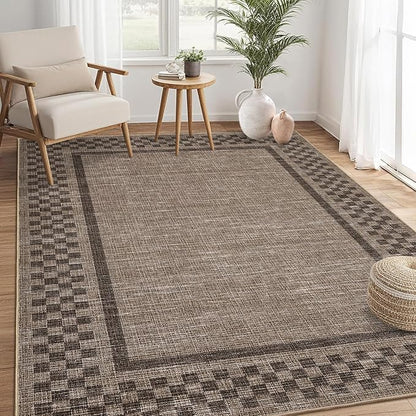 Small Bedroom Area Rug 3x5 Checkered Area Rug for Living Room Nursery Non Slip Kitchen Throw Carpet Low Pile Modern Bordered Rugs Washable Bathroom Mat Soft Brown Rugs for Laundry Entryway, Brown