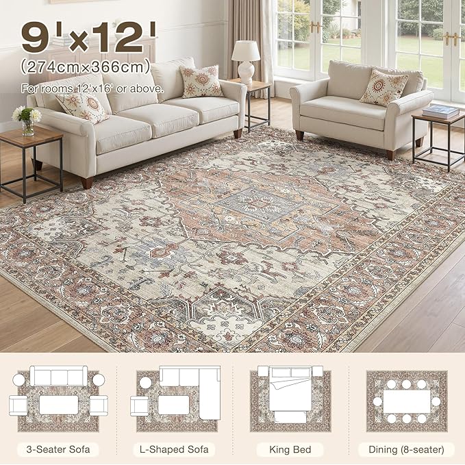 9x12 Washable Area Rugs for Living Room: Non Slip Vintage Brick Red Rug, Large Soft Stain Resistant Indoor Floor Carpets for Bedroom Dining Room Nursery Home Office Kid & Pet Friendly