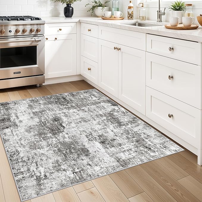3x3 Square Entryway Rug Washable – Non-Slip Small Area Rug for Kitchen or Bathroom, Soft Low-Pile Indoor Mat, Modern Abstract Thin Door Carpet (Grey)