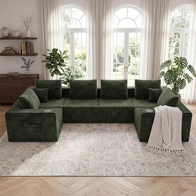 137'' U-Shaped Cloud Modular Sectional Sofa, Modern Corduroy Memory Foam Couch with Cup Holders, Upholstered Boneless Deep Seat Fluffy 6-Seater Sofa, No Assembly Needed, Olive Green, for Living Room