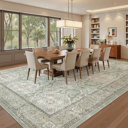 Soalmost 9x12 Area Rugs for Living Room, Non Slip Machine Washable Vintage Rugs, Low Pile Lightweight Large Rug for Bedroom, Dining Room, Home Office Green/Brown