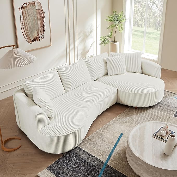 WILLIAMSPACE 122" Modern Curved Sofa Couch, Upholstery Oversized Cloud Sofa with Chaise & Pillows, Right Hand Facing Sectional Couch for Living Room (Right-Facing,White Corduroy)