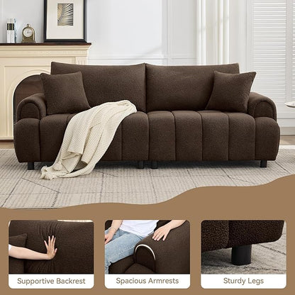 88 "Modern Boucle Sofa Couch, Oversized Comfy 3 Seater Sherpa Curved Sofas Deep Seat, Upholstered Loveseat Teddy Round Arm Couches for Living Room, Bedroom, Brown