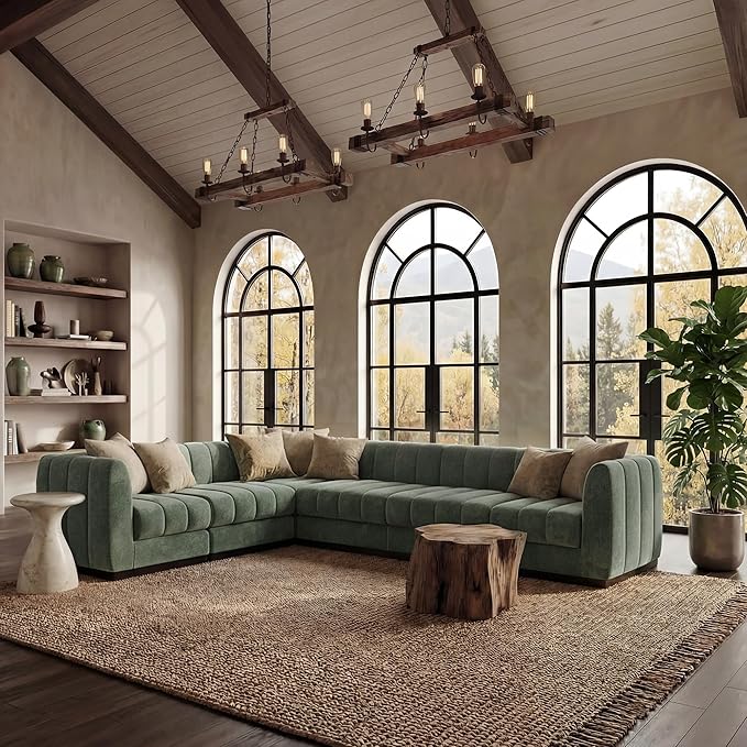 Morden Fort 6-Seater L-Shaped Modular Sectional Sofa, Large Deep Seat Chenille Couch for Living Room, Modern Modular Corner Sofa with High-Density Foam Cushions, Family Couch, Green