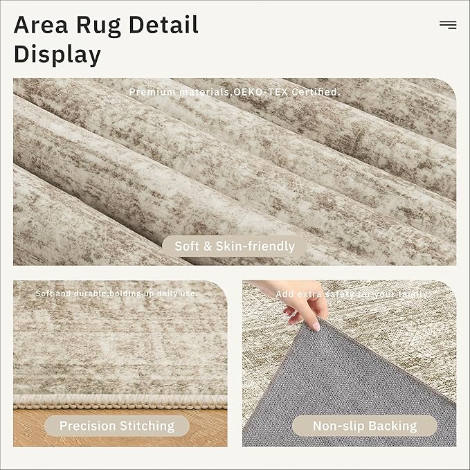 Soalmost 12x15 Washable Area Rug Brown Neutral Abstract Living Room Large Carpet Non Slip Bedroom Indoor Office Dining Room Low Pile Thin Rug