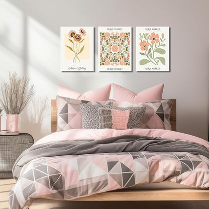 SKYRISE 3 PCS Boho Floral Canvas Wall Art, Rustic Botanical Canvas Paintings Prints ArtWork for Living Room, Vintage Flower Pictures for Farmhouse Dining Room Hallway Bedroom Wall Decor 12"x16"