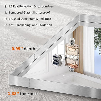 CIRCUMI Silver Bathroom Mirror, 36"x55" Rectangular Mirror with Deep Metal Frame, Brushed Finish, Tempered Glass, Large Mirror for Wall, Over 2 Sinks, Installed Vertically/Horizontally, Crystal-Clear