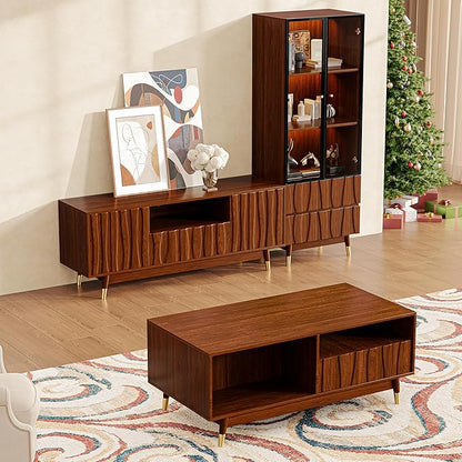 78.7" Walnut Finish Entertainment Center for 32/43/55 inch TV, Included 55.1'' TV Stand, Glass Display Cabinet and Coffee Table, 3-Piece Brown Mid Century Modern Wood Media Console for Living Room