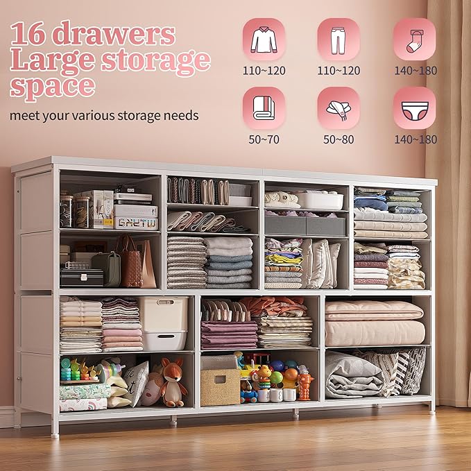 16 Drawers Long Dresser for Bedroom, 51"W Dressers with Power Outlets for 60"Inch TV for Living Room, Entertainment Center with Storage, Media TV Stand Console Table 51.1''W*11.8''D*34.8''H, White