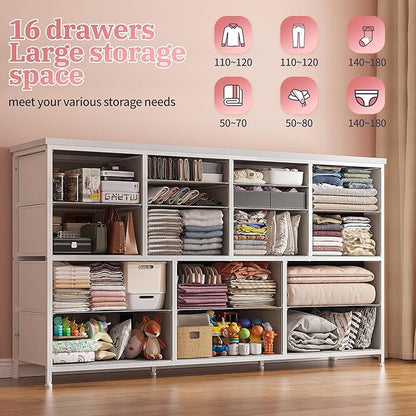 16 Drawers Long Dresser for Bedroom, 51"W Dressers with Power Outlets for 60"Inch TV for Living Room, Entertainment Center with Storage, Media TV Stand Console Table 51.1''W*11.8''D*34.8''H, White