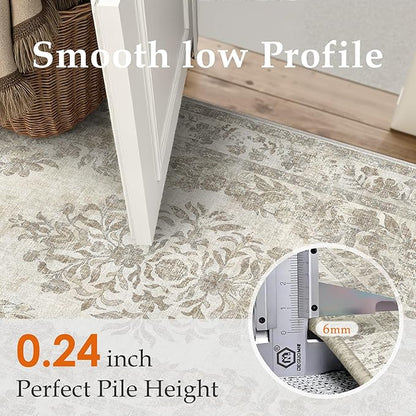 PureCozy 4x6 Area Rug Beige Washable Office Vintage Distressed Carpet Bedroom Indoor Medallion Floral Living Room Non Slip Retro Throw Floor Mat for Dining Room Kitchen Bathroom