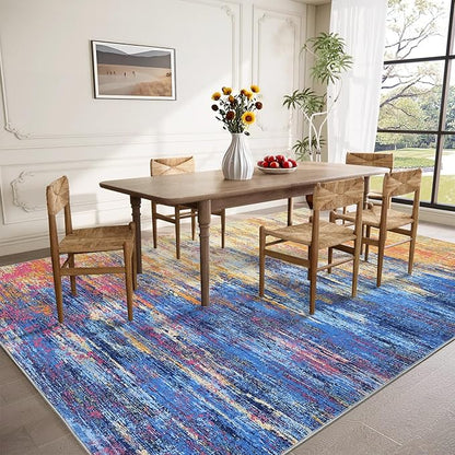 ROYHOME Modern Abstract Living Room Rug 10x13, Machine Washable Large Carpet, Non Slip Low Pile Throw Rug, Ultra Soft Indoor Floor Carpet for Bedroom Dining Room Table Home Decor, Blue/Orange