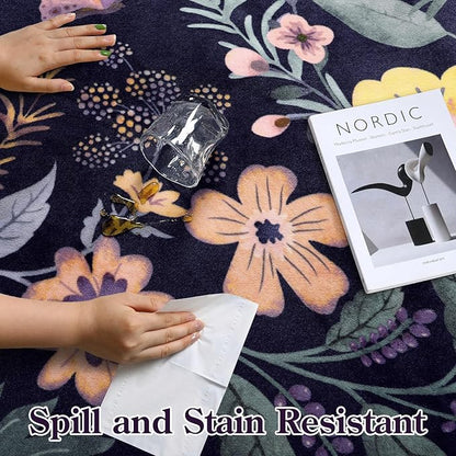 Lahome Floral Washable Rugs for Bedroom, 4X6 Area Rug Ultra-Thin Soft Living Room Rug, Non-Slip Classroom Rug Stain Resistant Boho Low-Pile Throw Carpet for ‎Office Flore (4x6ft,Purple)