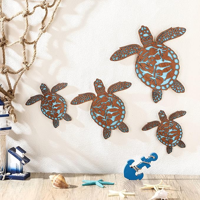 Tatuo 4 Pcs Wooden Sea Turtle Wall Decor Summer Ocean Turtle Wall Art Beach Theme Vintage Coastal Hanging Decoration for Home Lake House Bathroom