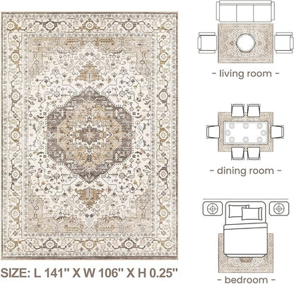 Area Rug for Living Room - 9x12 Soft Washable Oriental Vintage Floral Distressed Large Carpet - Fade Stain Resistant Non Slip Rugs for Bedroom Dining Room Nursery Dorm Office Home Decor-Camel/Beige
