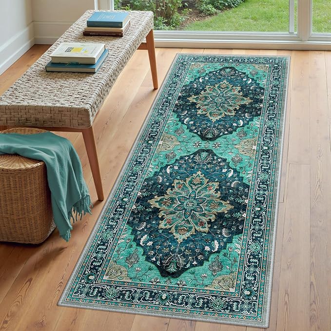 RELEANY Area Rugs 3'x8' Runner Rug Non Slip Washable for Kitchen Hallway Bedroom Beside Laundry Room Bathroom Rug, Floor Carpet, Teal Green Lake Blue Turquoise