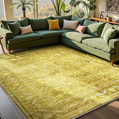 OPPODREAM Vintage Yellow Area Rugs 10x14, 10 x 14 Retro Washable Rug Non Slip, Low-Pile Faux Wool Carpet, Distressed Floor Mat for Living Room, Bedroom, Office, Dorm, Dinning Room, Big & Large