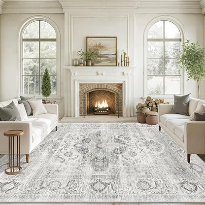 Washable 9x12 Area Rug - Large Ultra-Thin Rugs for Living Room Stain Resistant Non Slip Area Rugs for Bedroom Vintage Home Decor Indoor Floor Mat (Ivory/Gray,9'x12')