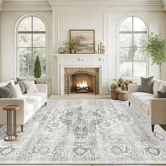 Washable 9x12 Area Rug - Large Ultra-Thin Rugs for Living Room Stain Resistant Non Slip Area Rugs for Bedroom Vintage Home Decor Indoor Floor Mat (Ivory/Gray,9'x12')