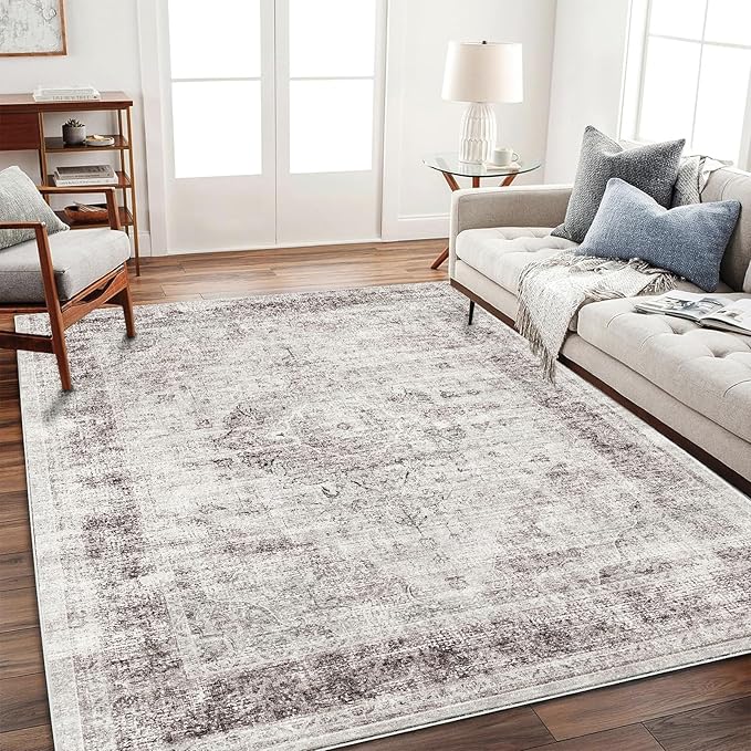 CHAMPLANT Area Rug 6'x9' Washable Floral red Vintage Traditional Floor Cover Thin Retro Kitchen Indoor Distressed Non Slip Carpet for Living Room Bedroom Dining Room