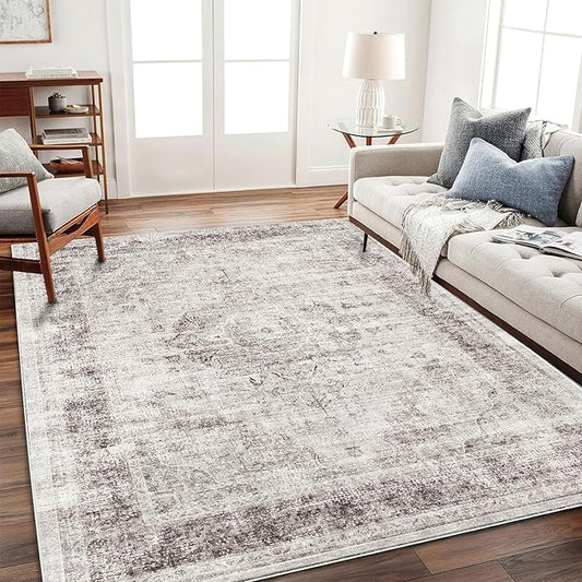 CHAMPLANT Area Rug 6'x9' Washable Floral red Vintage Traditional Floor Cover Thin Retro Kitchen Indoor Distressed Non Slip Carpet for Living Room Bedroom Dining Room