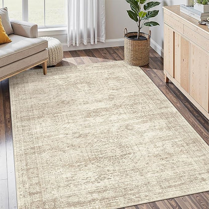 Soalmost 4x6 Area Rugs for Living Room, Vintage Washable Rugs for Dining Room, Bedroom, Home Office Decor, Non-Slip Beige Carpet Thin Rug