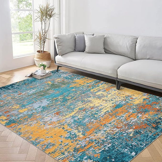 ROYHOME 9x12 Modern Abstract Accent Rug Non Slip Stain Resistant Washable Throw Rug Low Pile Indoor Floor Cover for Living Room Bedroom Office Home Decor, Multi Color