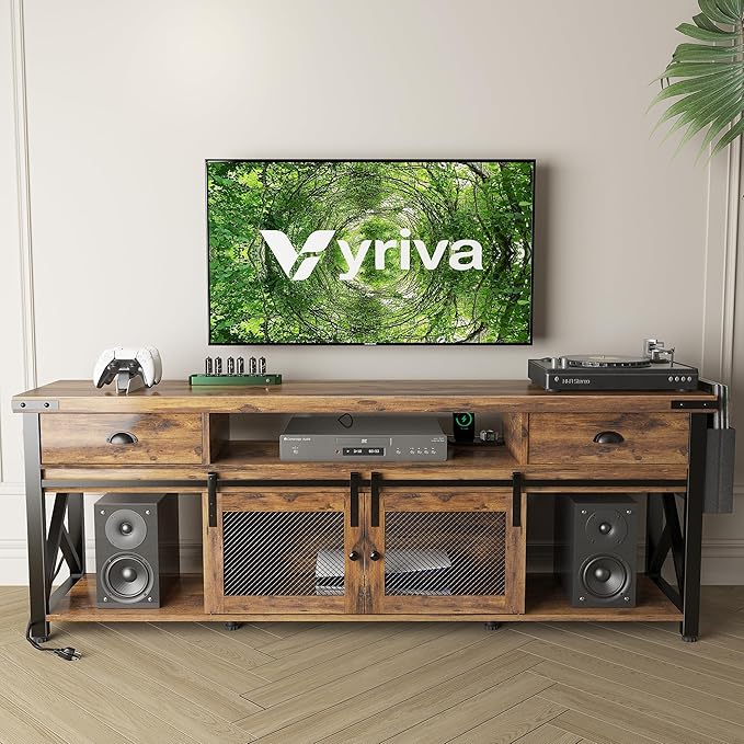 TV Stand for TV up to 75 Inches,Farmhouse Entertainment Center with 2 Drawers & Storage Cabinets, Industrial Media Console Table with Small Speaker Stand for Living Room, Bedroom, Rustic Brown