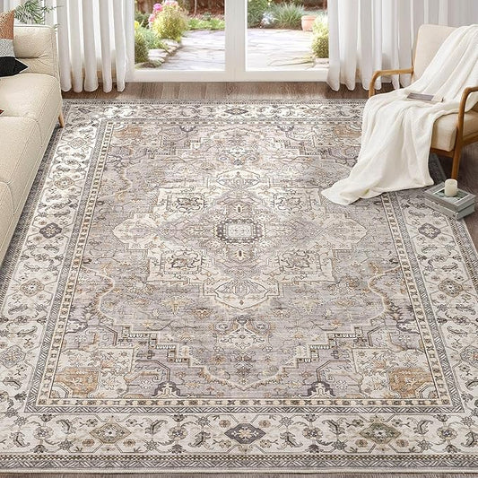 EIEIHOUSE Washable Area Rugs for Living Room - 8x10 Neutral Vintage Distressed Floral Farmhouse Boho Large Soft Floor Rug Indoor Non Slip Carpet for Bedroom Dining Room Office - Grey Brown