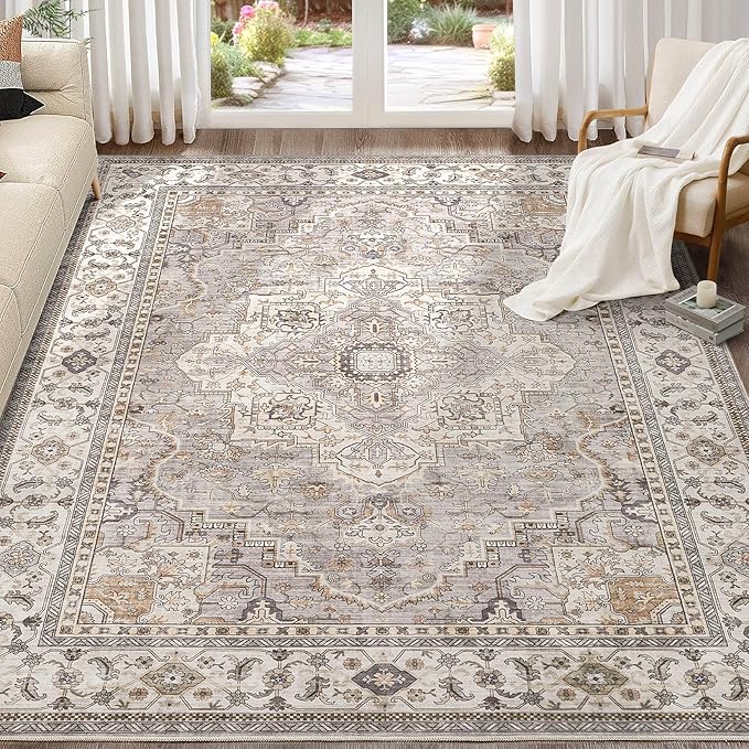 EIEIHOUSE Washable Area Rugs for Living Room - 9x12 Neutral Vintage Distressed Floral Farmhouse Boho Large Soft Floor Rug Indoor Non Slip Carpet for Bedroom Dining Room Office - Grey Brown